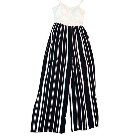 as u wish Mixed Media Wide Leg Jumpsuit in Lace & Stripes - Picture 8 of 10